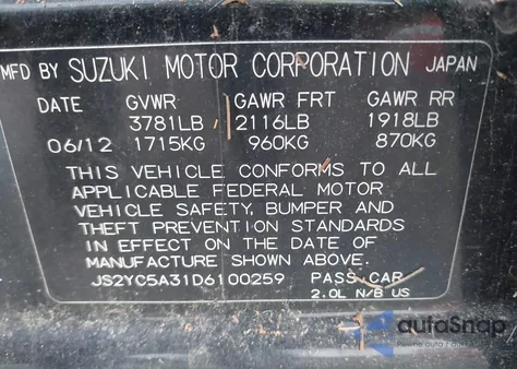 2013 Suzuki Sx4 Le/Le Popular из США, поврежденный, VIN JS2YC5A31D6100259